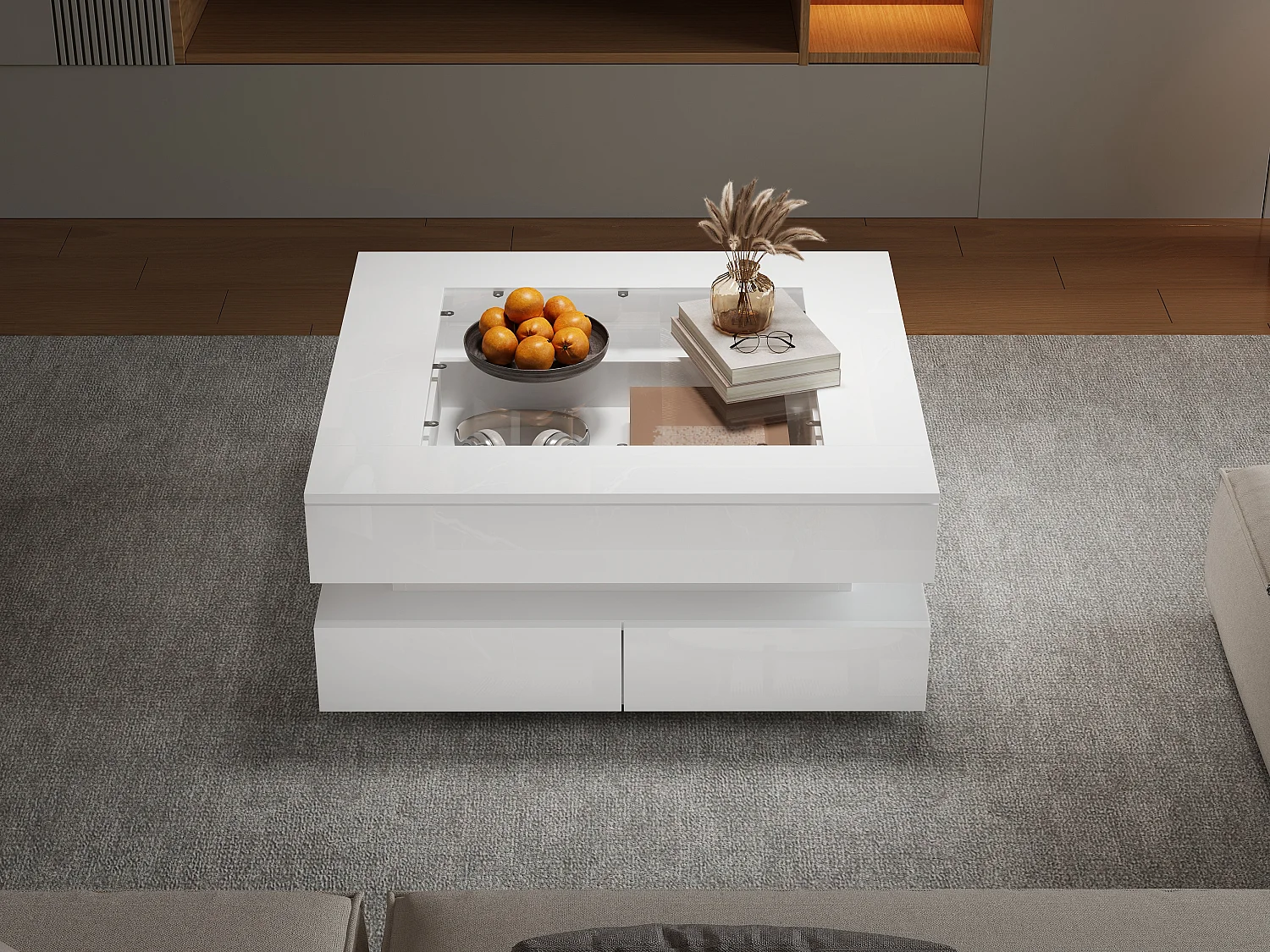 Table basse laquée brillante - 70 x 70 x 35 cm - avec plateau en verre + 3 tiroirs + Leds - verre + aggloméré - blanc