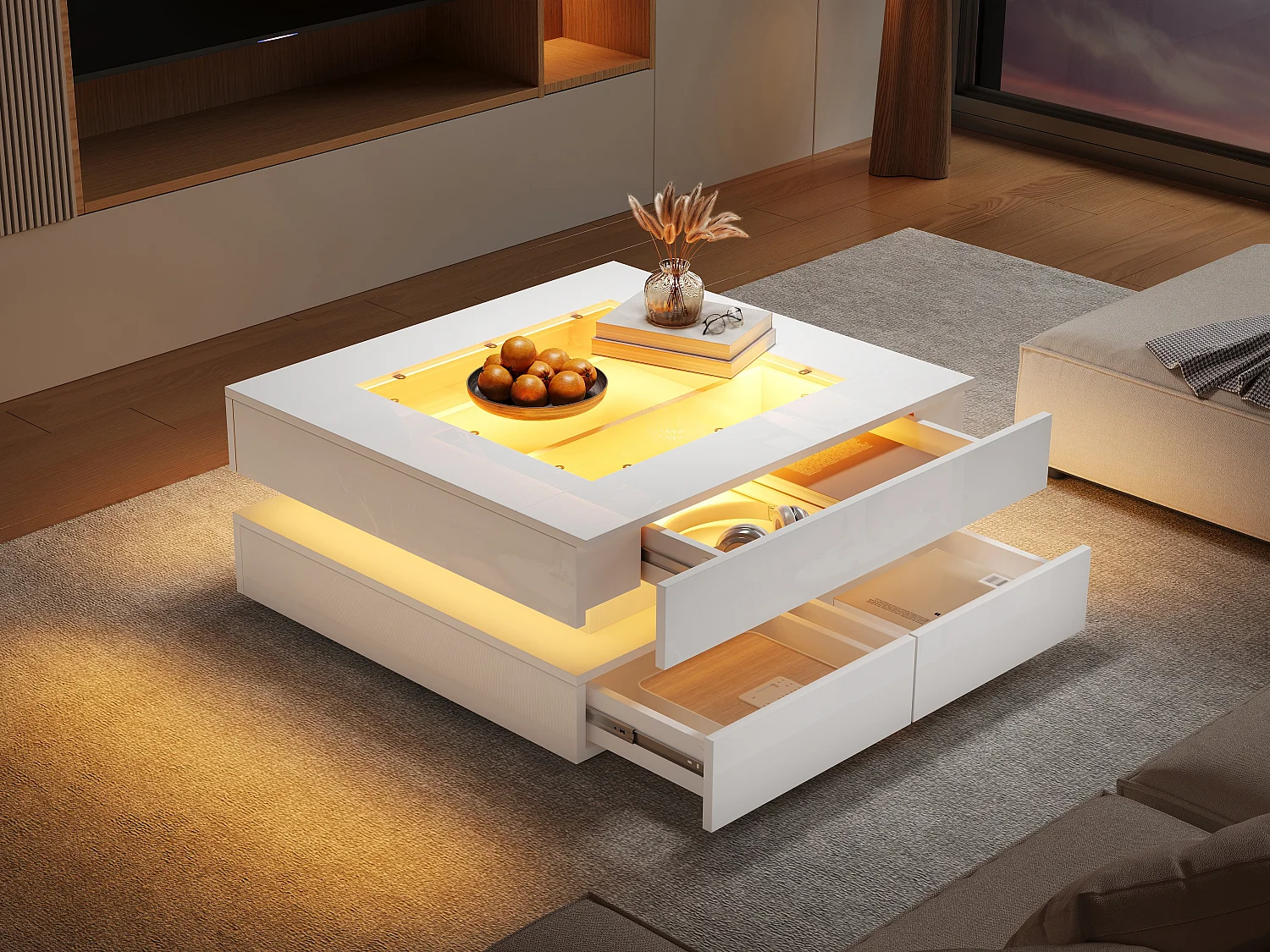 Table basse laquée brillante - 70 x 70 x 35 cm - avec plateau en verre + 3 tiroirs + Leds - verre + aggloméré - blanc