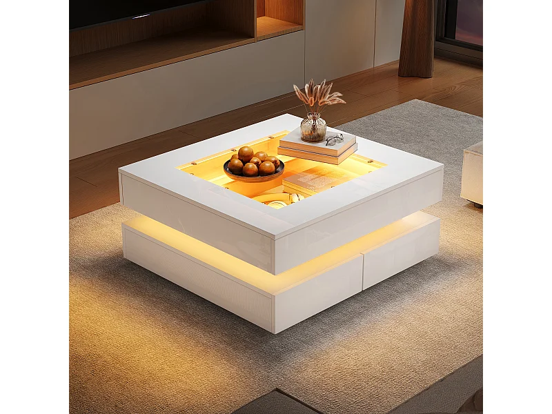Table basse laquée brillante - 70 x 70 x 35 cm - avec plateau en verre + 3 tiroirs + Leds - verre + aggloméré - blanc
