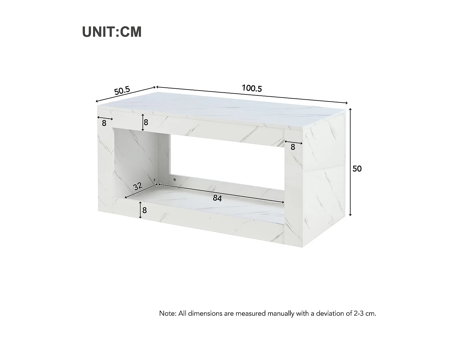 Table basse moderne laquée brillante - 100.5 x 50.5 x 50 cm - table basse imitation marbre avec Leds - agglomméré - blanc