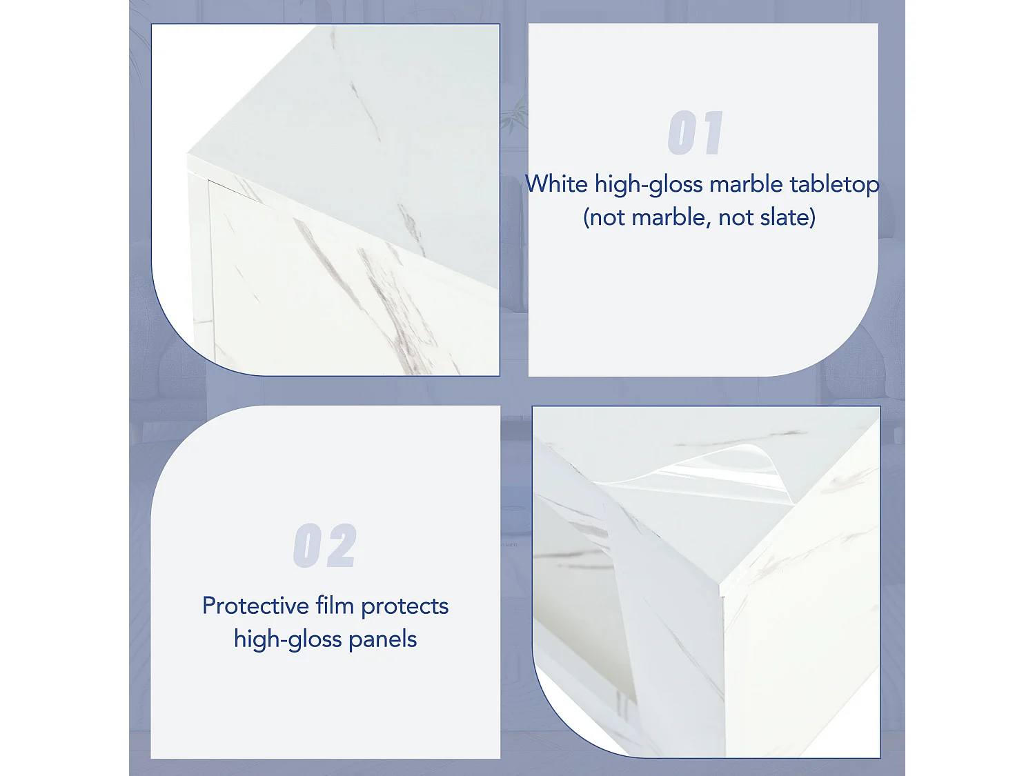 Table basse moderne laquée brillante - 100.5 x 50.5 x 50 cm - table basse imitation marbre avec Leds - agglomméré - blanc