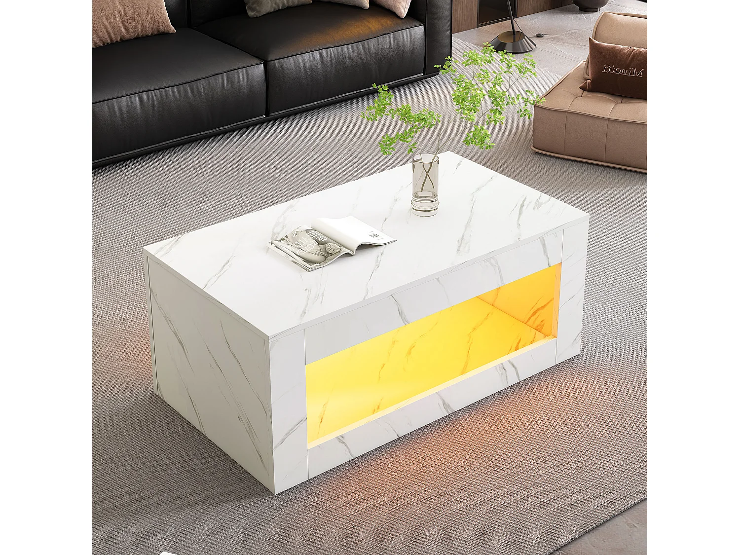 Table basse moderne laquée brillante - 100.5 x 50.5 x 50 cm - table basse imitation marbre avec Leds - agglomméré - blanc