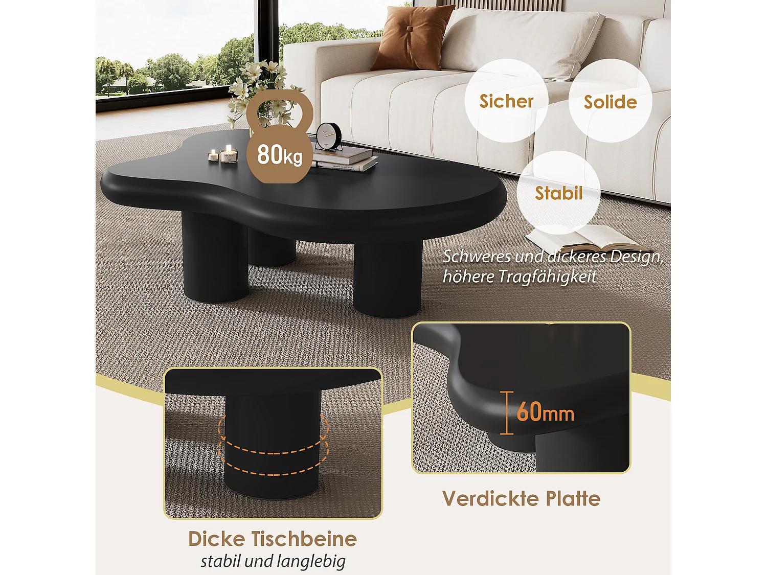 Unregelmäßiger, wolkenförmiger Couchtisch – 97 x 67 x 32 cm – lackierte Oberfläche – MDF – schwarz