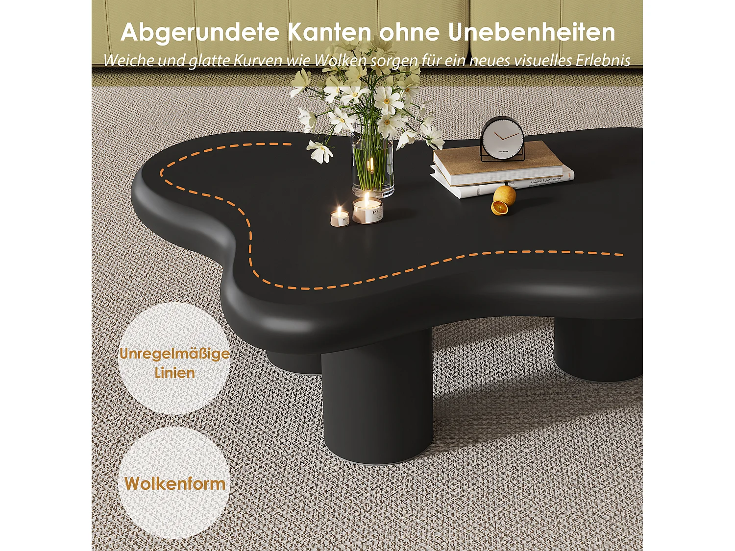 Unregelmäßiger, wolkenförmiger Couchtisch – 97 x 67 x 32 cm – lackierte Oberfläche – MDF – schwarz