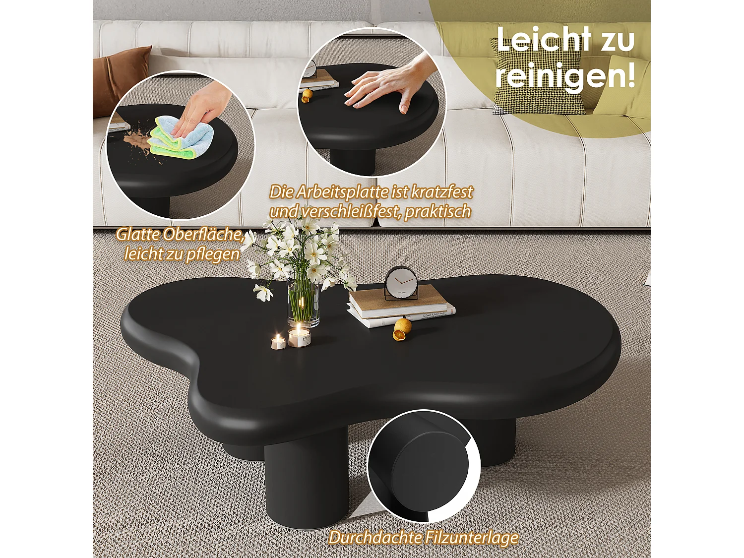 Unregelmäßiger, wolkenförmiger Couchtisch – 97 x 67 x 32 cm – lackierte Oberfläche – MDF – schwarz
