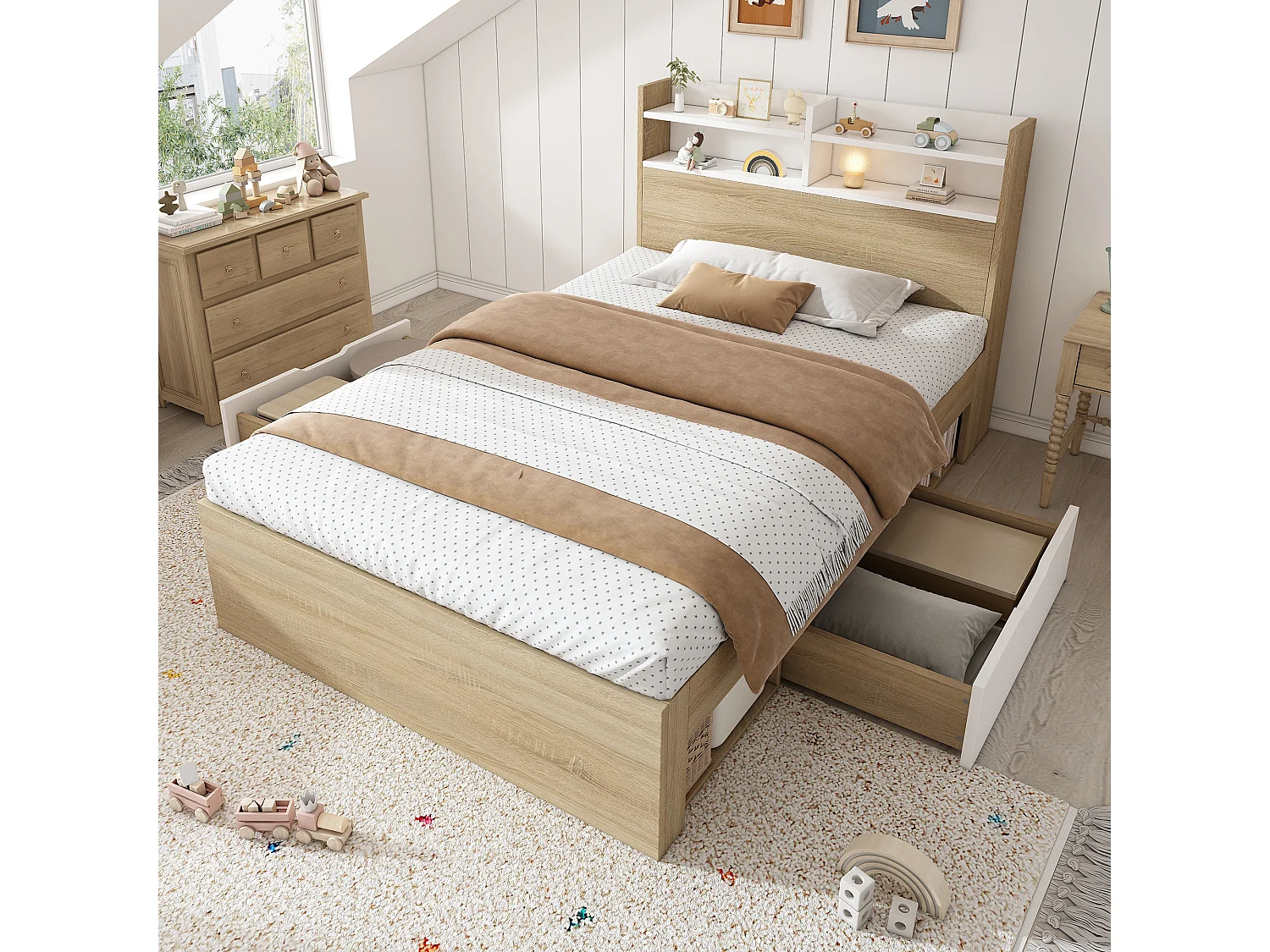 Eenpersoons houten bed - 90 x 200 cm - met opbergbaar hoofdeinde + 2 lades + open opbergruimte - hout - naturel + wit