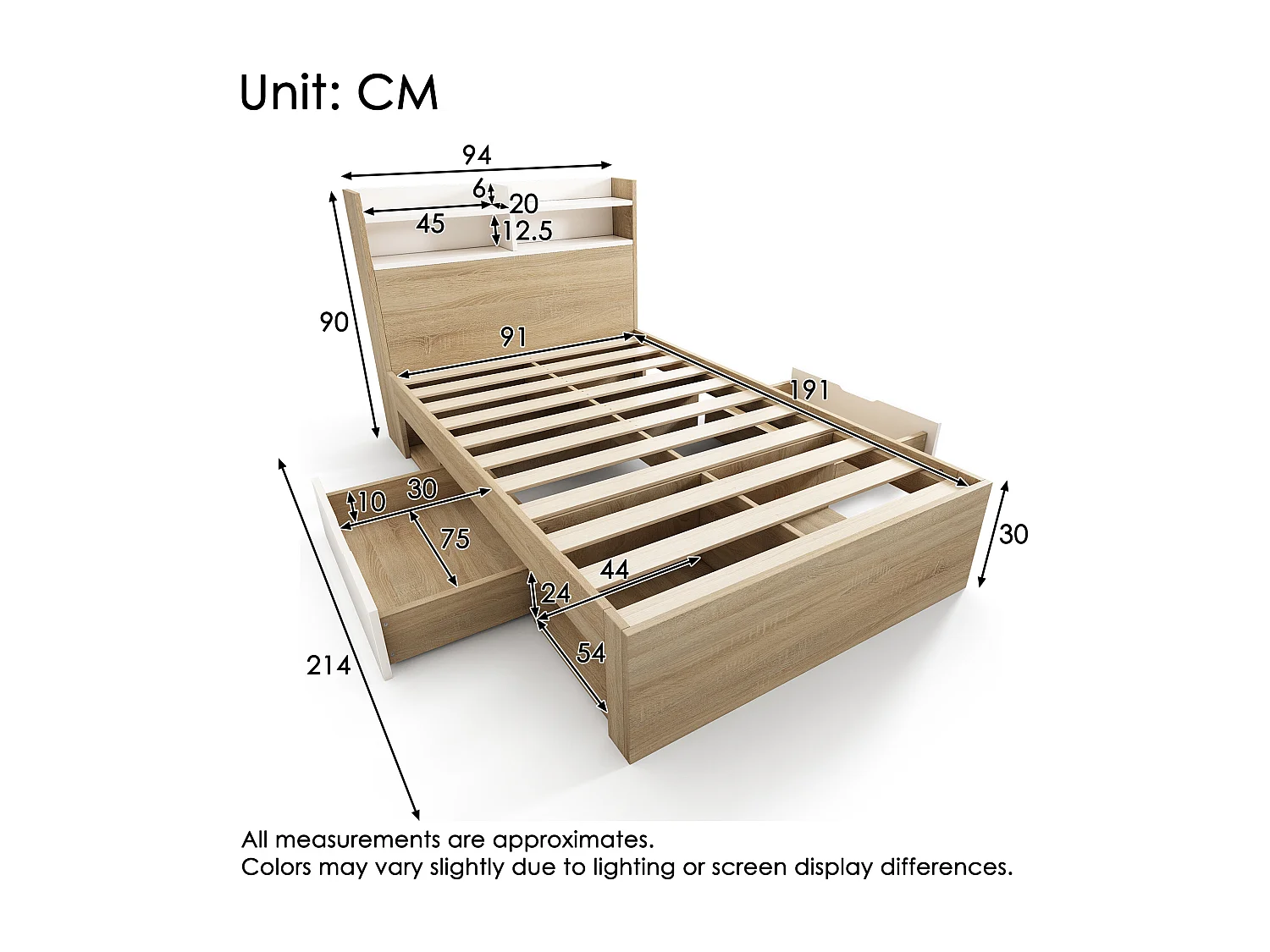 Eenpersoons houten bed - 90 x 190 cm - met opbergbaar hoofdeinde + 2 lades + open opbergruimte - hout - naturel + wit