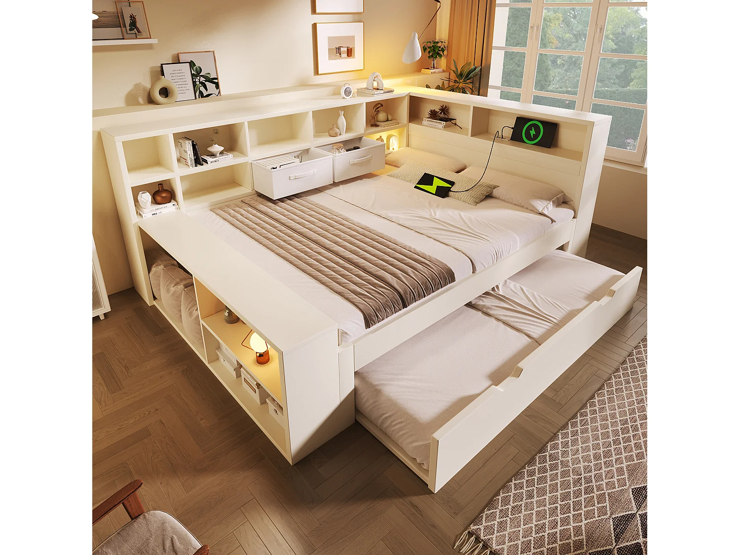 Lit gigogne rembourré - 140 x 200 cm - avec lit gigogne 90 x 190 cm + USB + étagère de rangement - bois - blanc