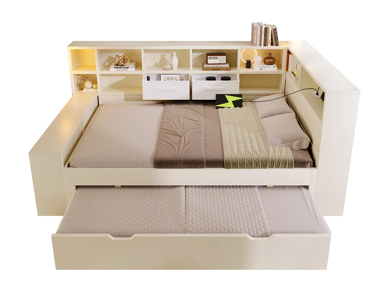 Lit gigogne rembourré - 140 x 200 cm - avec lit gigogne 90 x 190 cm + USB + étagère de rangement - bois - blanc