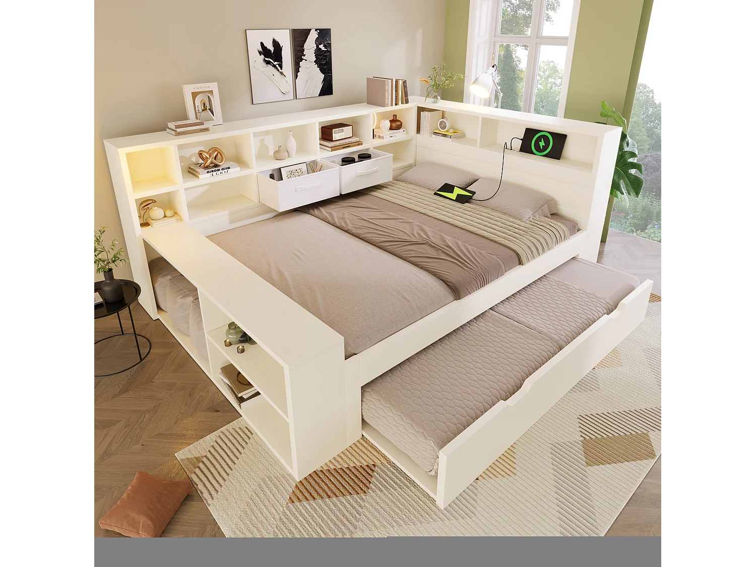 Lit gigogne rembourré - 140 x 200 cm - avec lit gigogne 90 x 190 cm + USB + étagère de rangement - bois - blanc