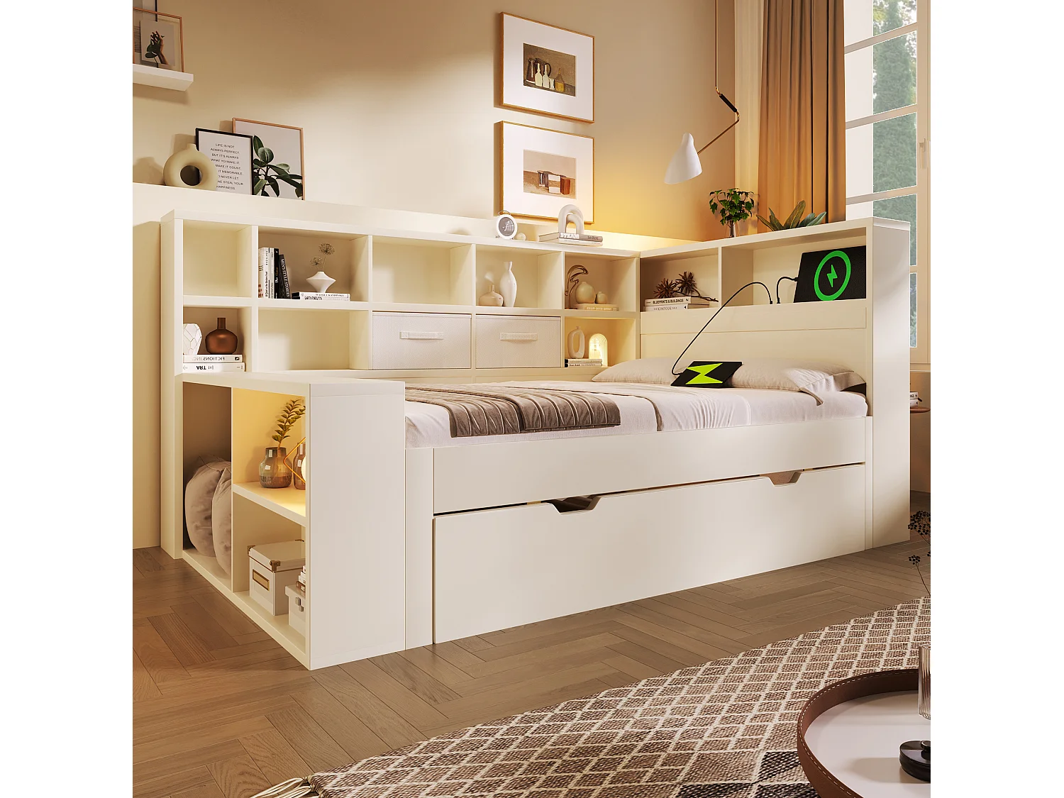 Lit gigogne rembourré - 90 x 190 cm - avec lit gigogne 90 x 180 cm + USB + étagère de rangement - bois - blanc