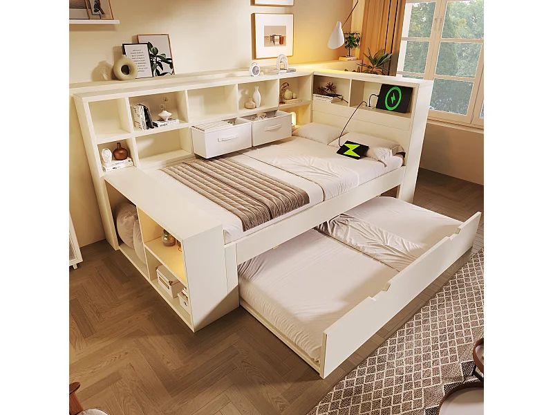 Lit gigogne rembourré - 90 x 190 cm - avec lit gigogne 90 x 180 cm + USB + étagère de rangement - bois - blanc