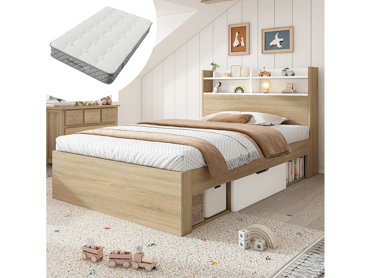 Einzelbett aus Holz – 90 x 200 cm – mit Kopfteil, Staufächern, 2 Schubladen und offenen Regalen – Holz – natur und weiß (mit Matratze)