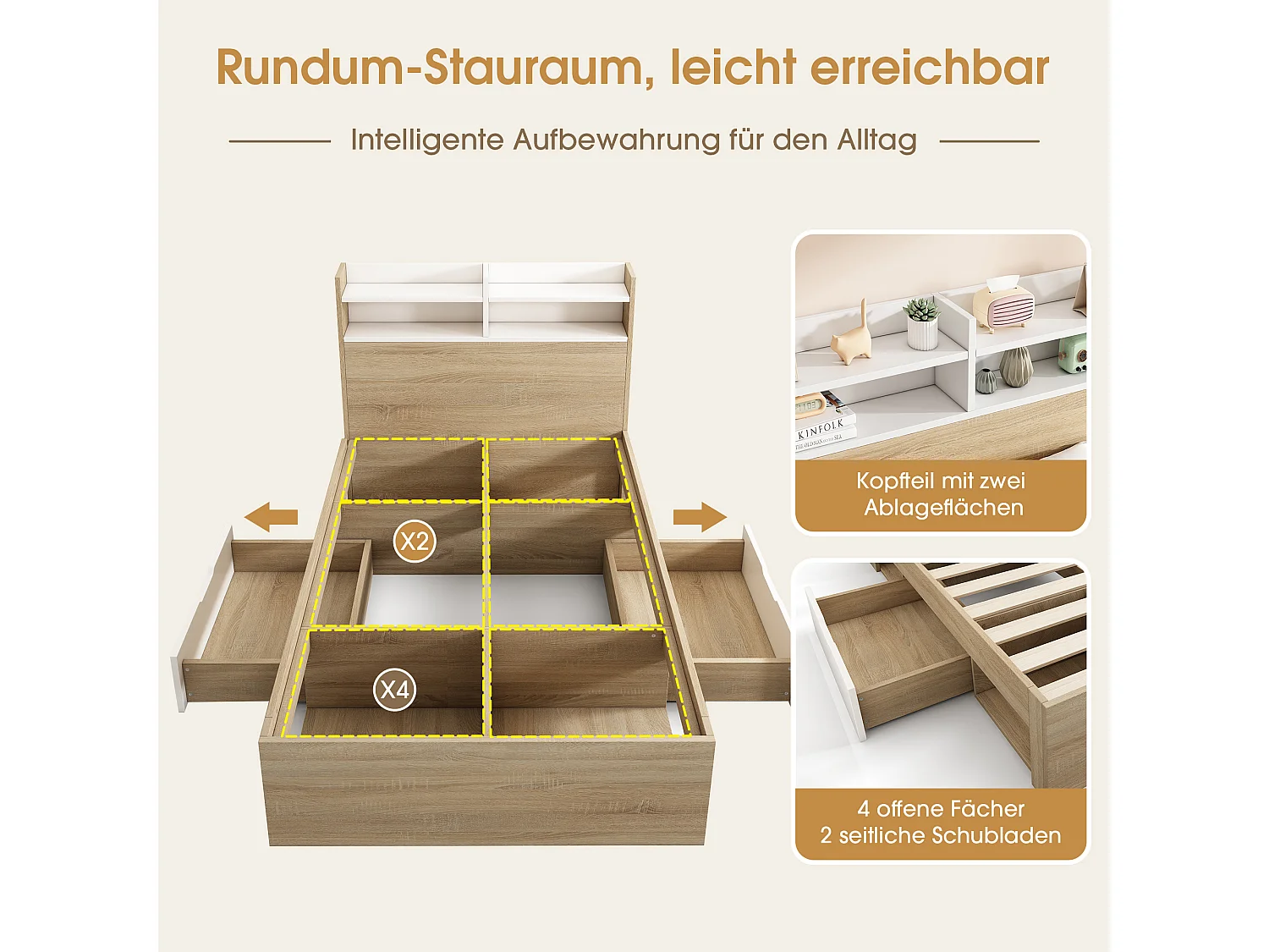 Einzelbett aus Holz – 90 x 200 cm – mit Kopfteil, Staufächern, 2 Schubladen und offenen Regalen – Holz – natur und weiß (mit Matratze)