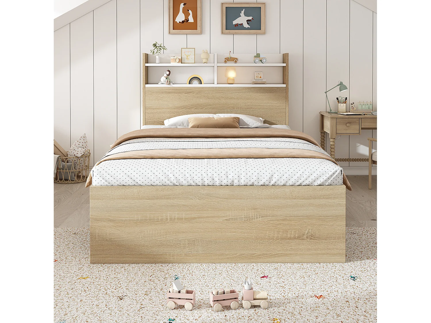 Einzelbett aus Holz – 90 x 200 cm – mit Kopfteil, Staufächern, 2 Schubladen und offenen Regalen – Holz – natur und weiß (mit Matratze)