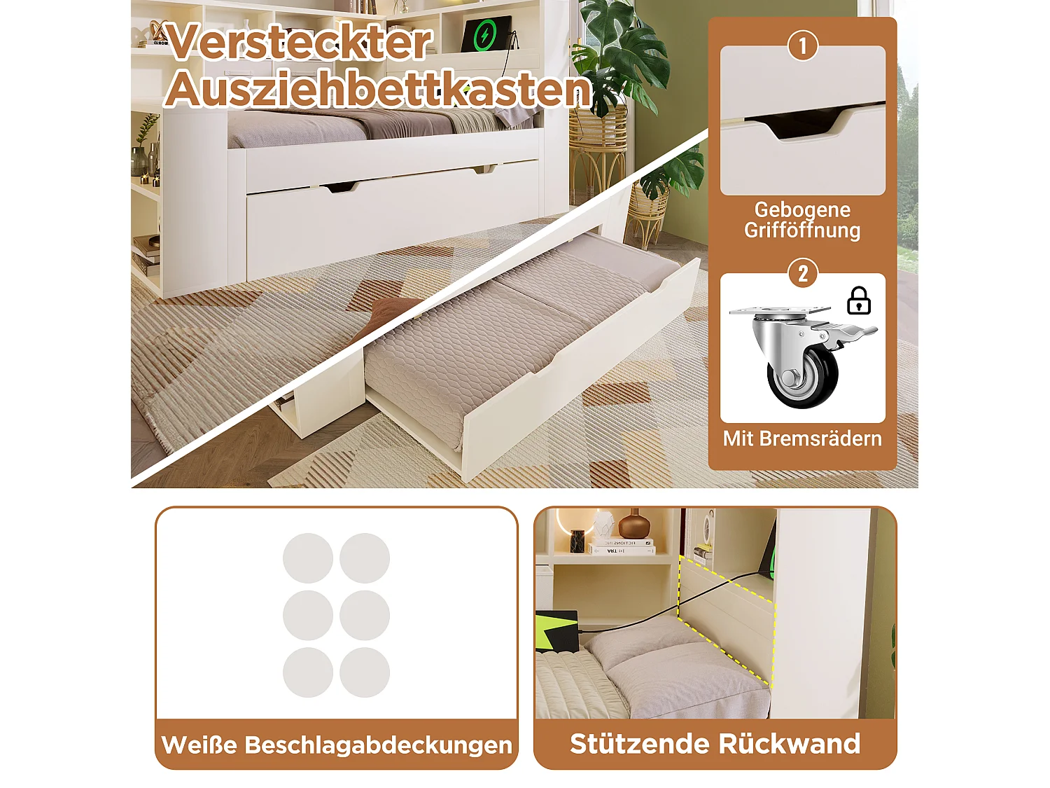 Lit gigogne rembourré - 90 x 200 cm - avec lit gigogne 90 x 190 cm + USB + étagère de rangement - bois - blanc