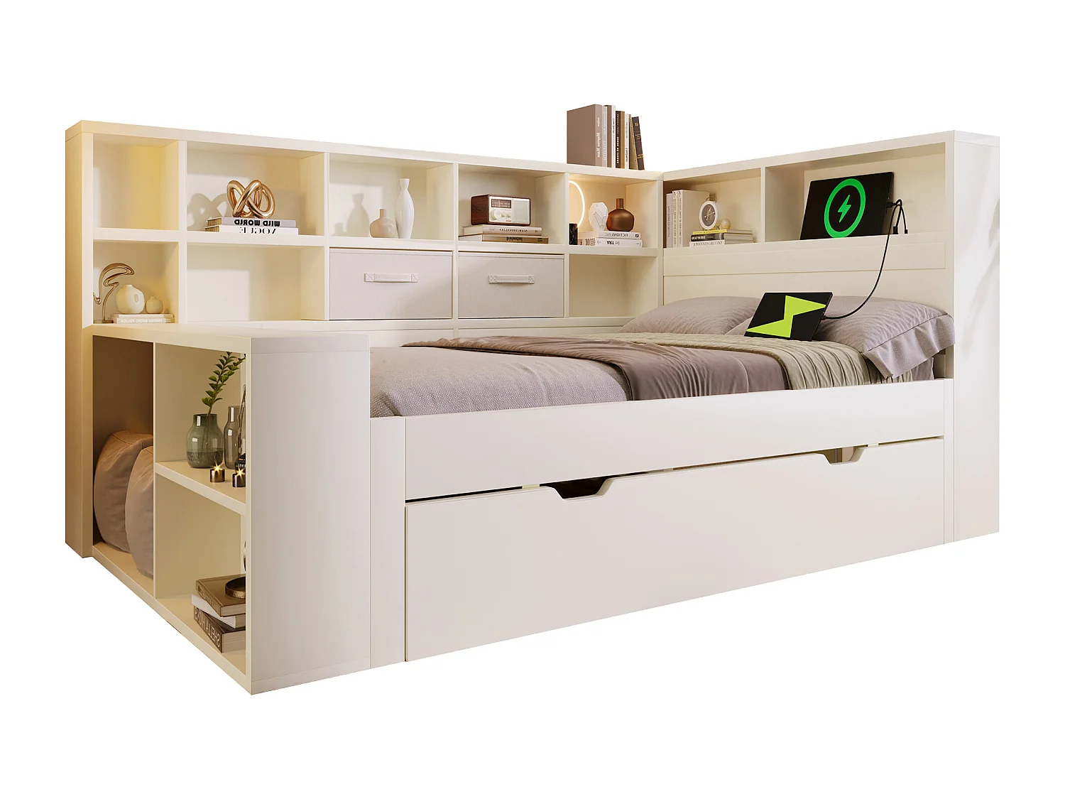 Lit gigogne rembourré - 90 x 200 cm - avec lit gigogne 90 x 190 cm + USB + étagère de rangement - bois - blanc