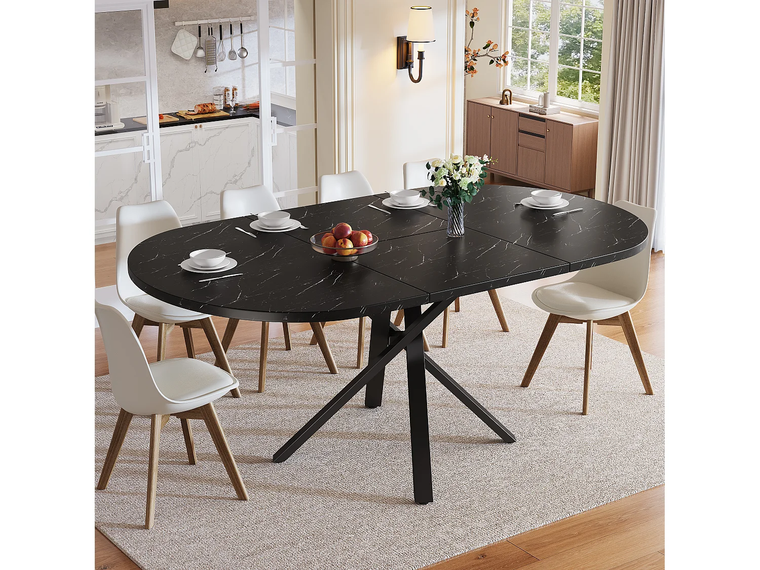 Table extensible aspect marbre - 100/140 x 100 x 75.5 cm - en forme de X - MDF + métal - noir