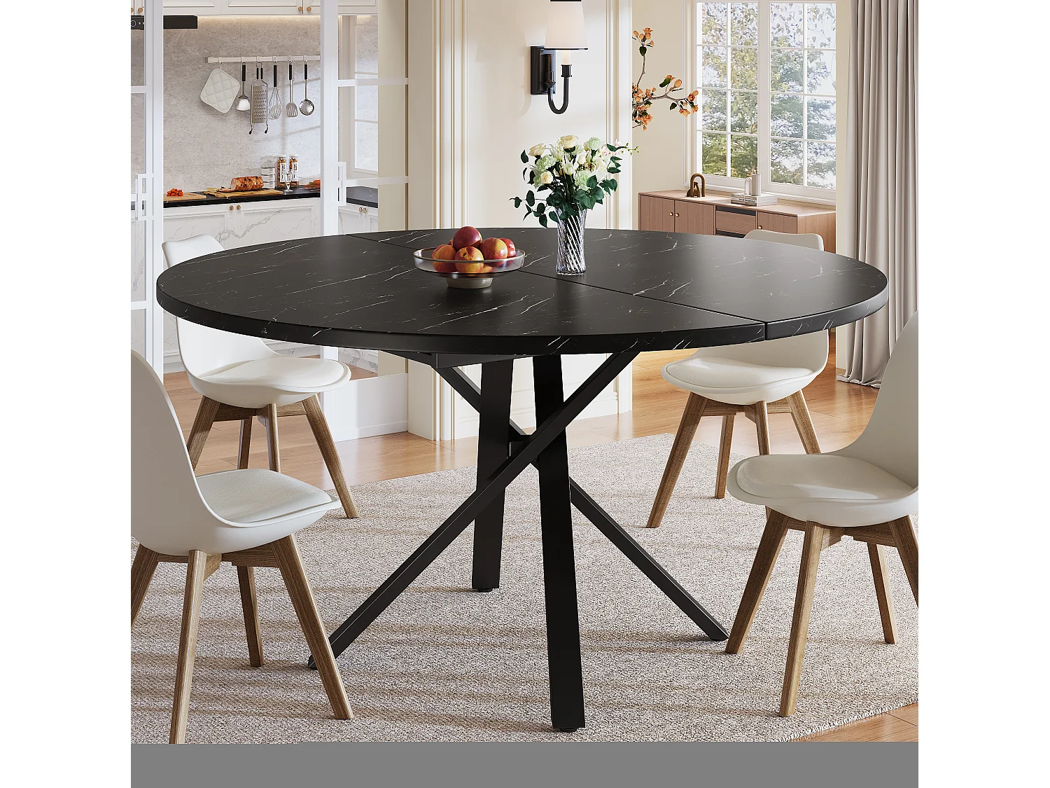 Table extensible aspect marbre - 100/140 x 100 x 75.5 cm - en forme de X - MDF + métal - noir