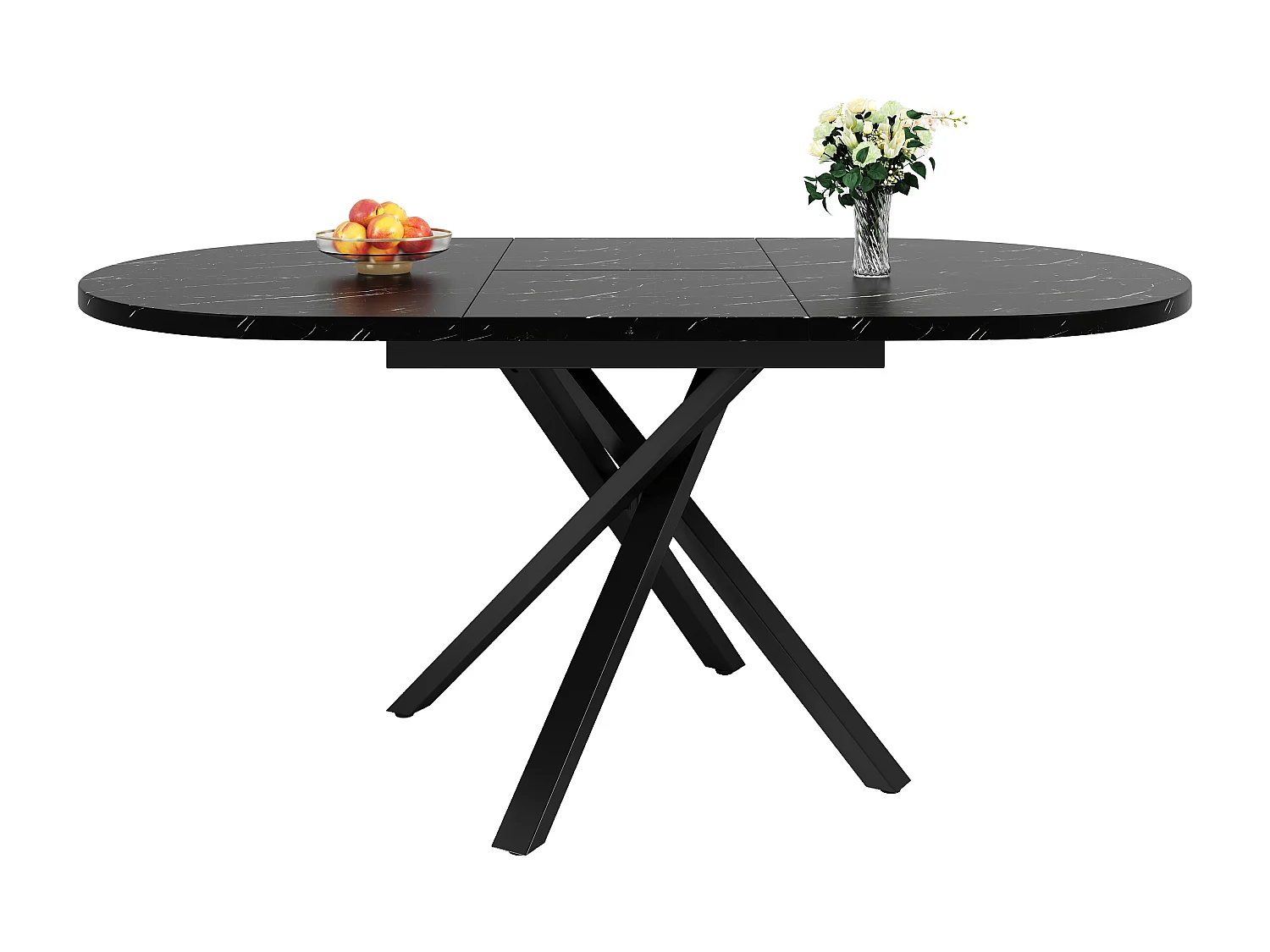 Table extensible aspect marbre - 100/140 x 100 x 75.5 cm - en forme de X - MDF + métal - noir