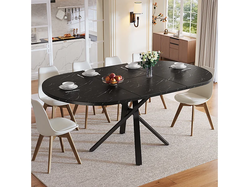 Table extensible aspect marbre - 100/140 x 100 x 75.5 cm - en forme de X - MDF + métal - noir