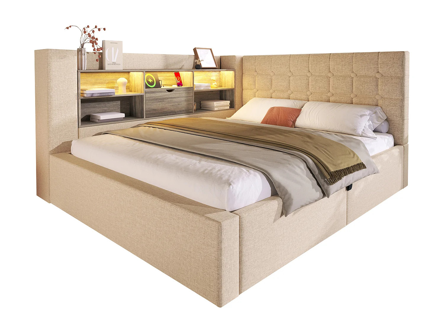 Lit coffre rembourré - 140 x 190 cm - avec Leds + rangement hydraulique + tête de lit L avec rangement - lin - beige