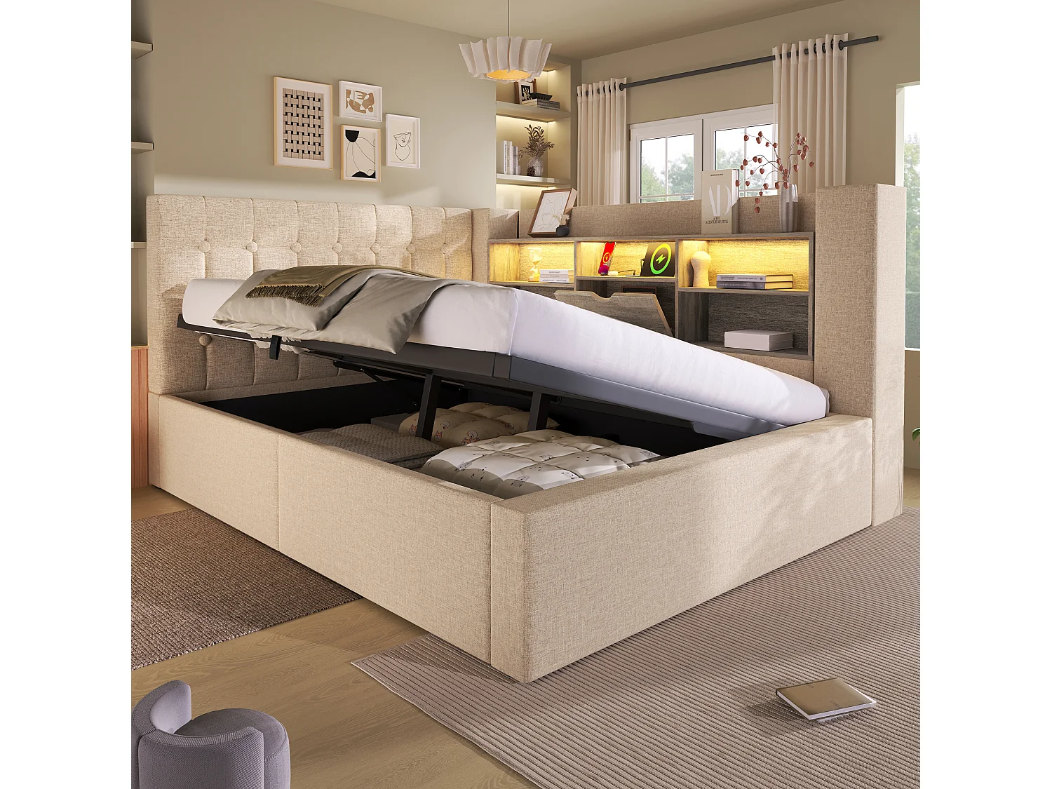 Lit coffre rembourré - 140 x 190 cm - avec Leds + rangement hydraulique + tête de lit L avec rangement - lin - beige