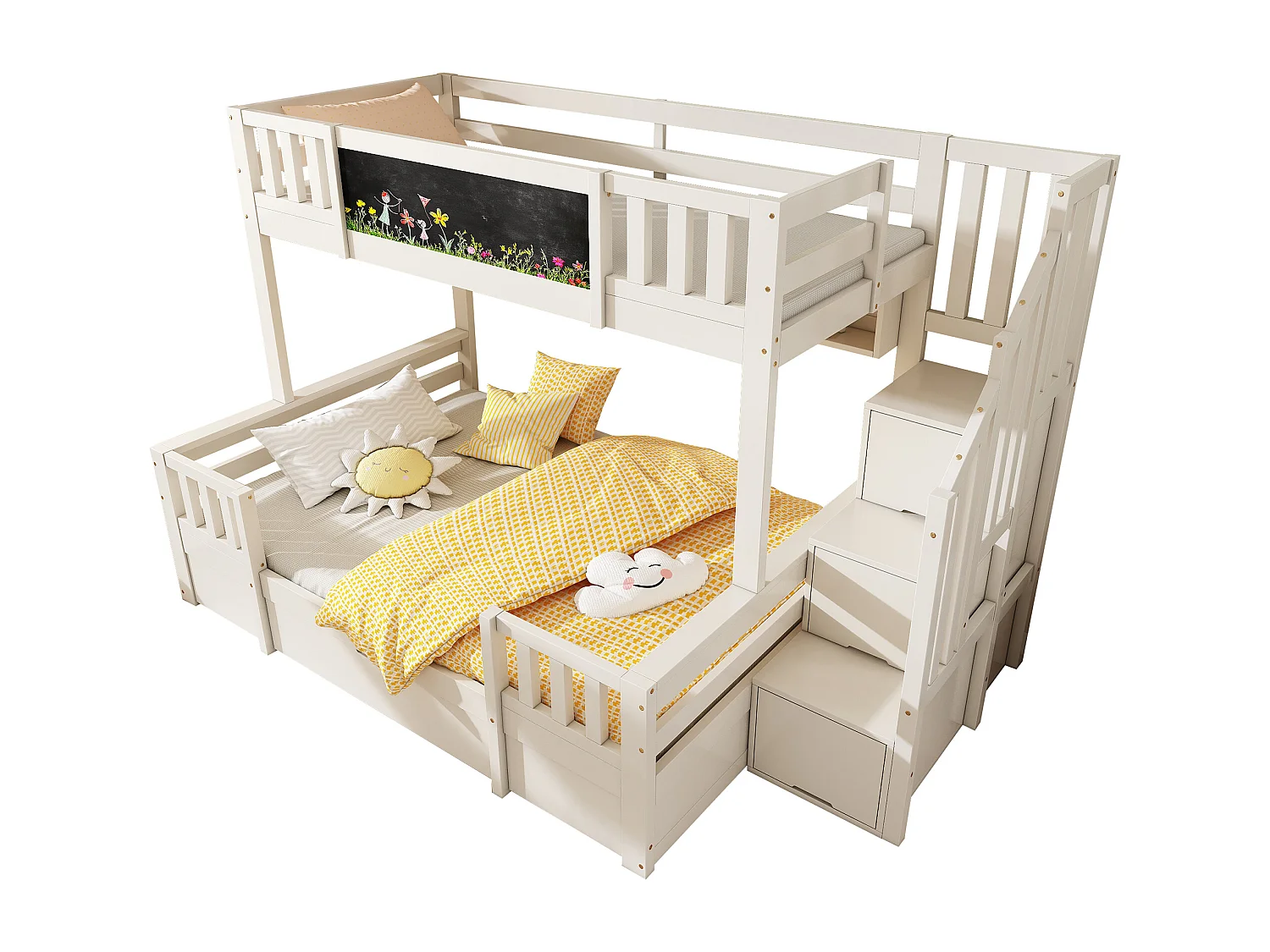 Kinderstapelbed - 90 x 200 cm + 140 x 200 cm - met opbergladder + 2 lades + schilderij - hout + metaal - wit