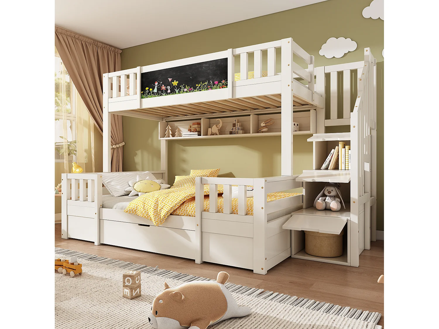 Kinderstapelbed - 90 x 200 cm + 140 x 200 cm - met opbergladder + 2 lades + schilderij - hout + metaal - wit