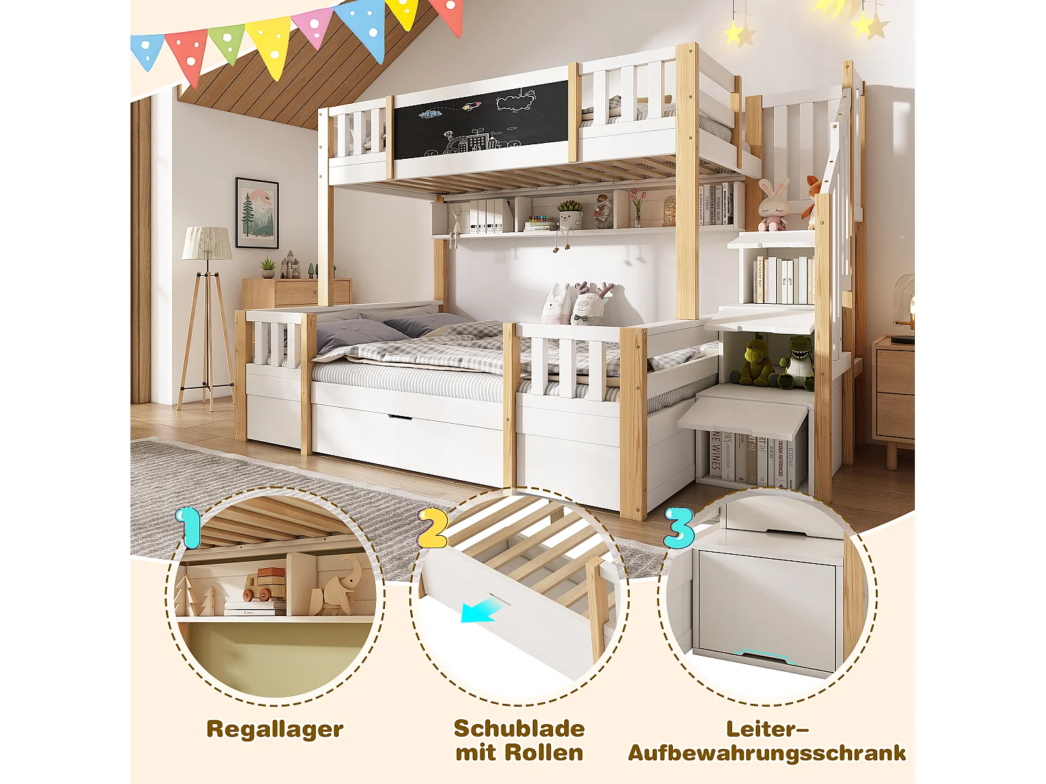 Kinderstapelbed - 90 x 200 cm + 140 x 200 cm - met opbergladder + 2 lades + schilderij - hout + metaal - wit