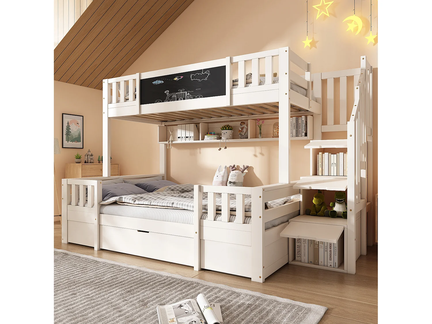 Kinderstapelbed - 90 x 200 cm + 140 x 200 cm - met opbergladder + 2 lades + schilderij - hout + metaal - wit