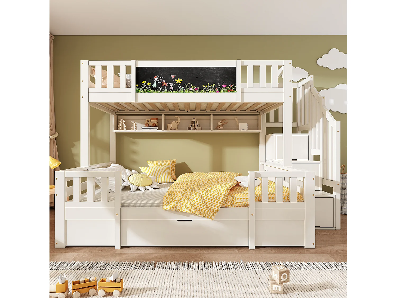 Kinderstapelbed - 90 x 200 cm + 140 x 200 cm - met opbergladder + 2 lades + schilderij - hout + metaal - wit