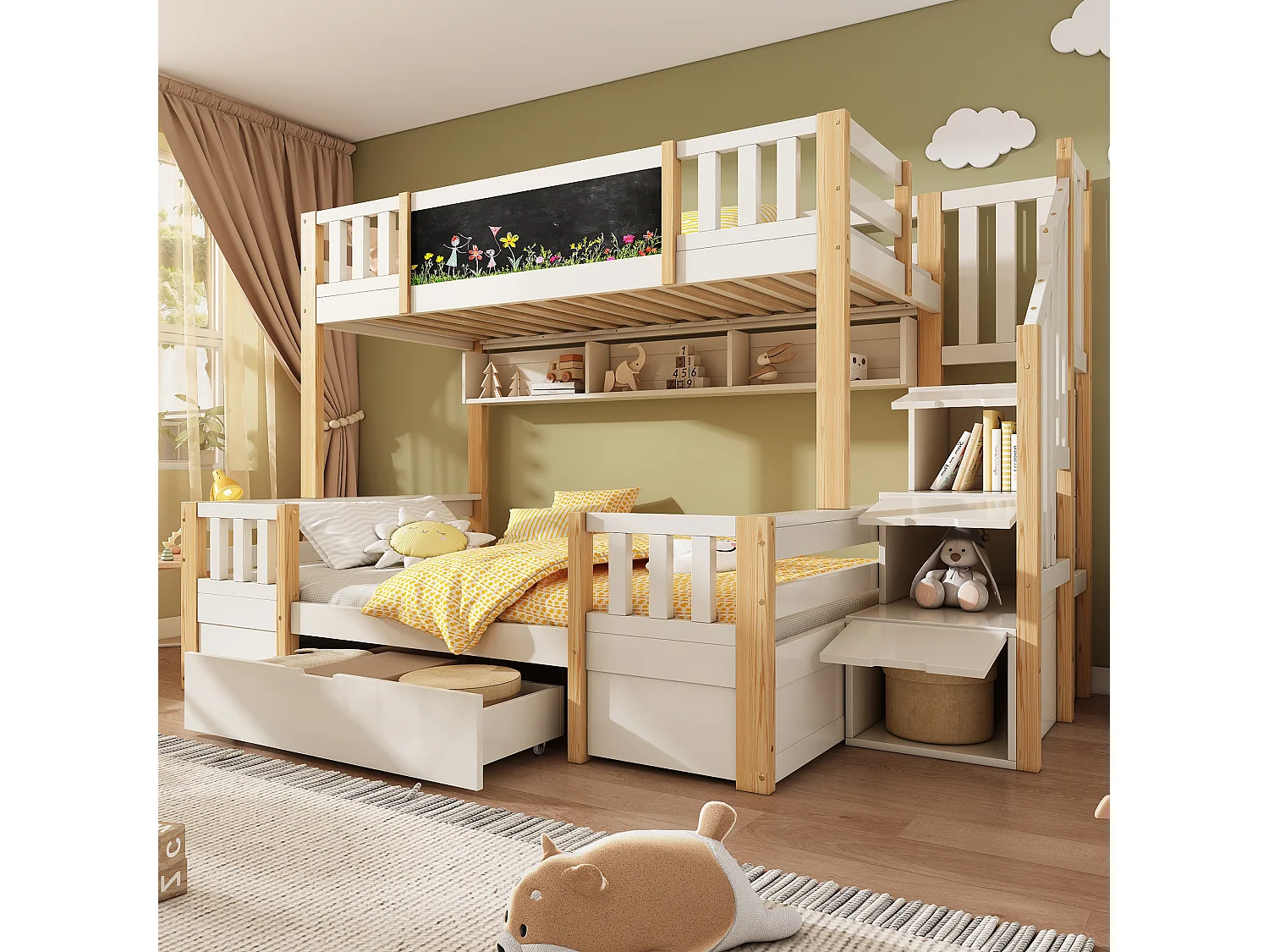 Kinderstapelbed - 90 x 200 cm + 140 x 200 cm - met opbergladder + 2 lades + schilderij - hout + metaal - wit + naturel