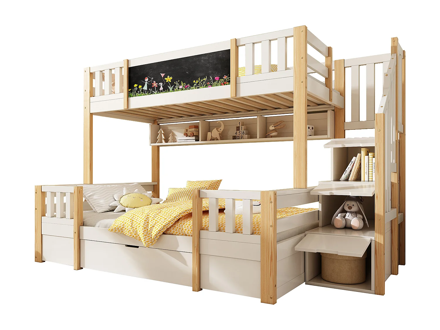 Kinderstapelbed - 90 x 200 cm + 140 x 200 cm - met opbergladder + 2 lades + schilderij - hout + metaal - wit + naturel