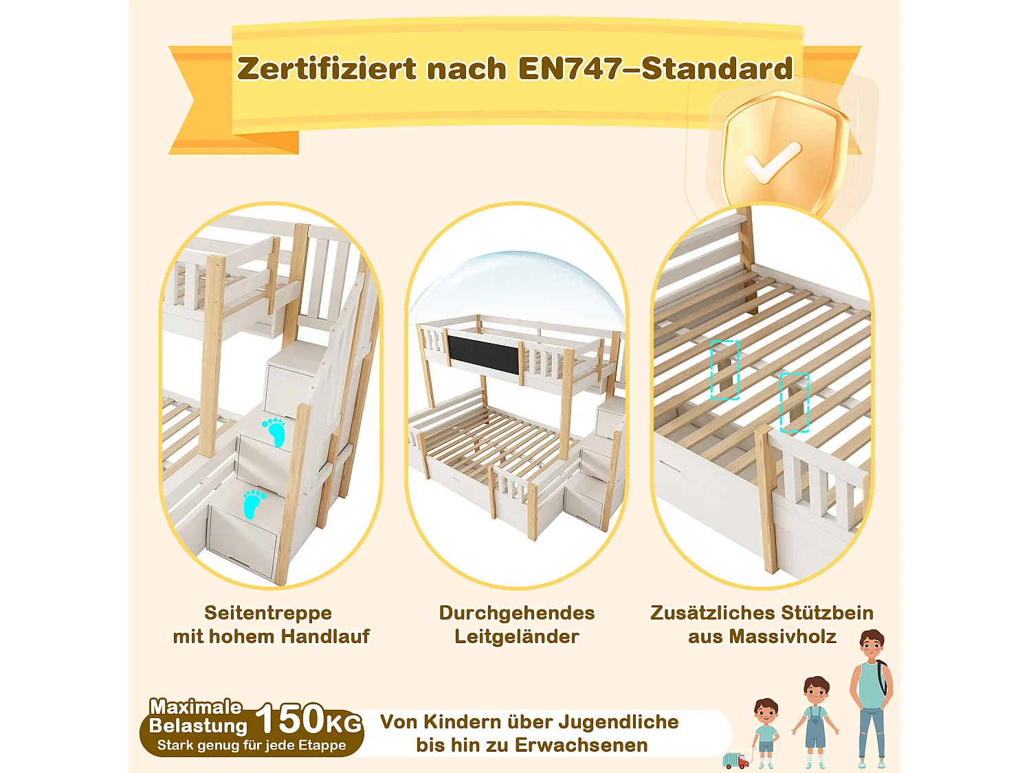 Kinderstapelbed - 90 x 200 cm + 140 x 200 cm - met opbergladder + 2 lades + schilderij - hout + metaal - wit + naturel