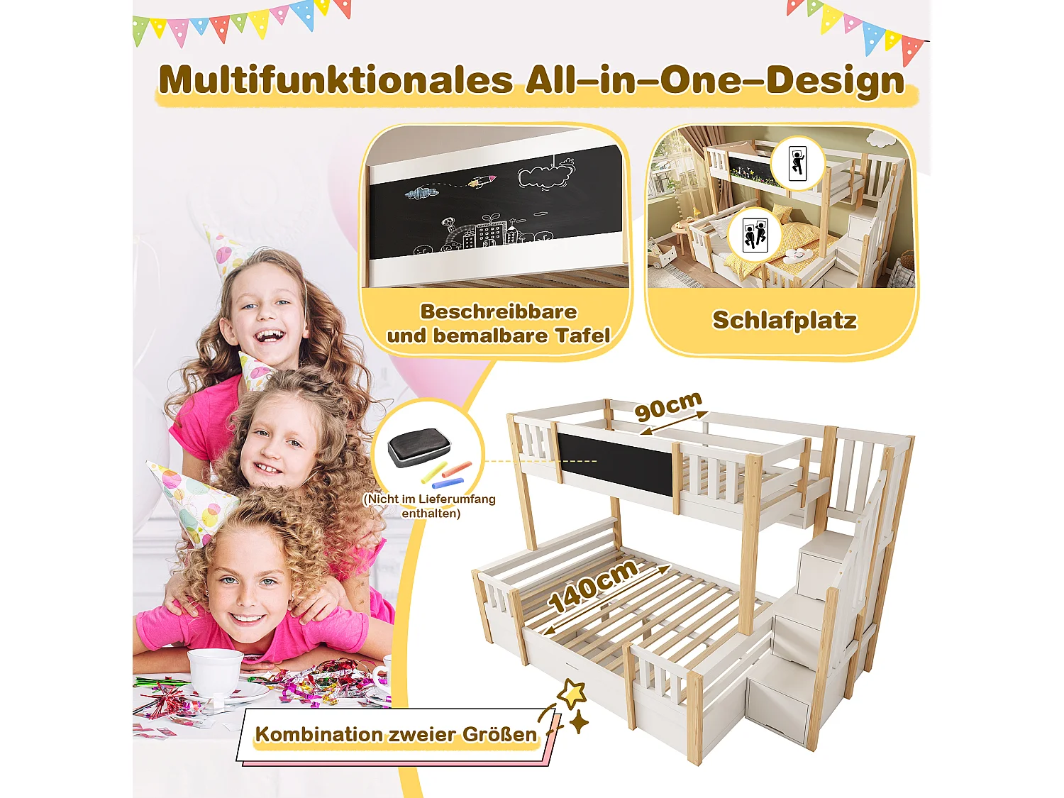 Kinderstapelbed - 90 x 200 cm + 140 x 200 cm - met opbergladder + 2 lades + schilderij - hout + metaal - wit + naturel