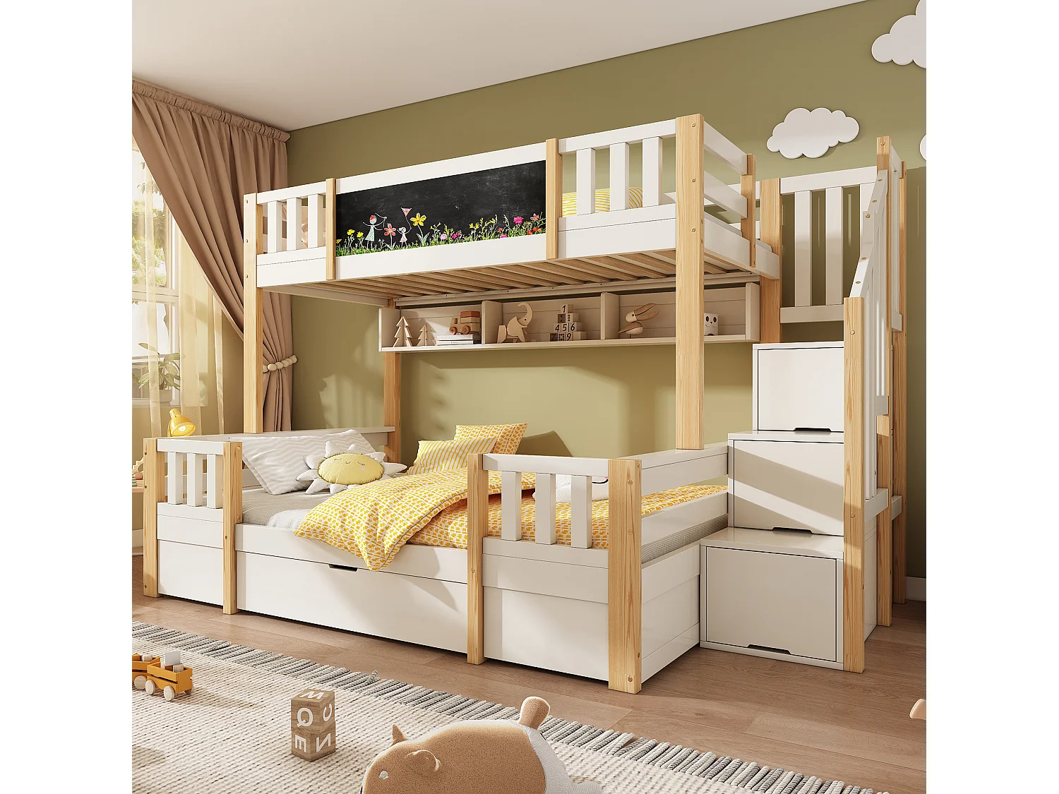 Kinderstapelbed - 90 x 200 cm + 140 x 200 cm - met opbergladder + 2 lades + schilderij - hout + metaal - wit + naturel