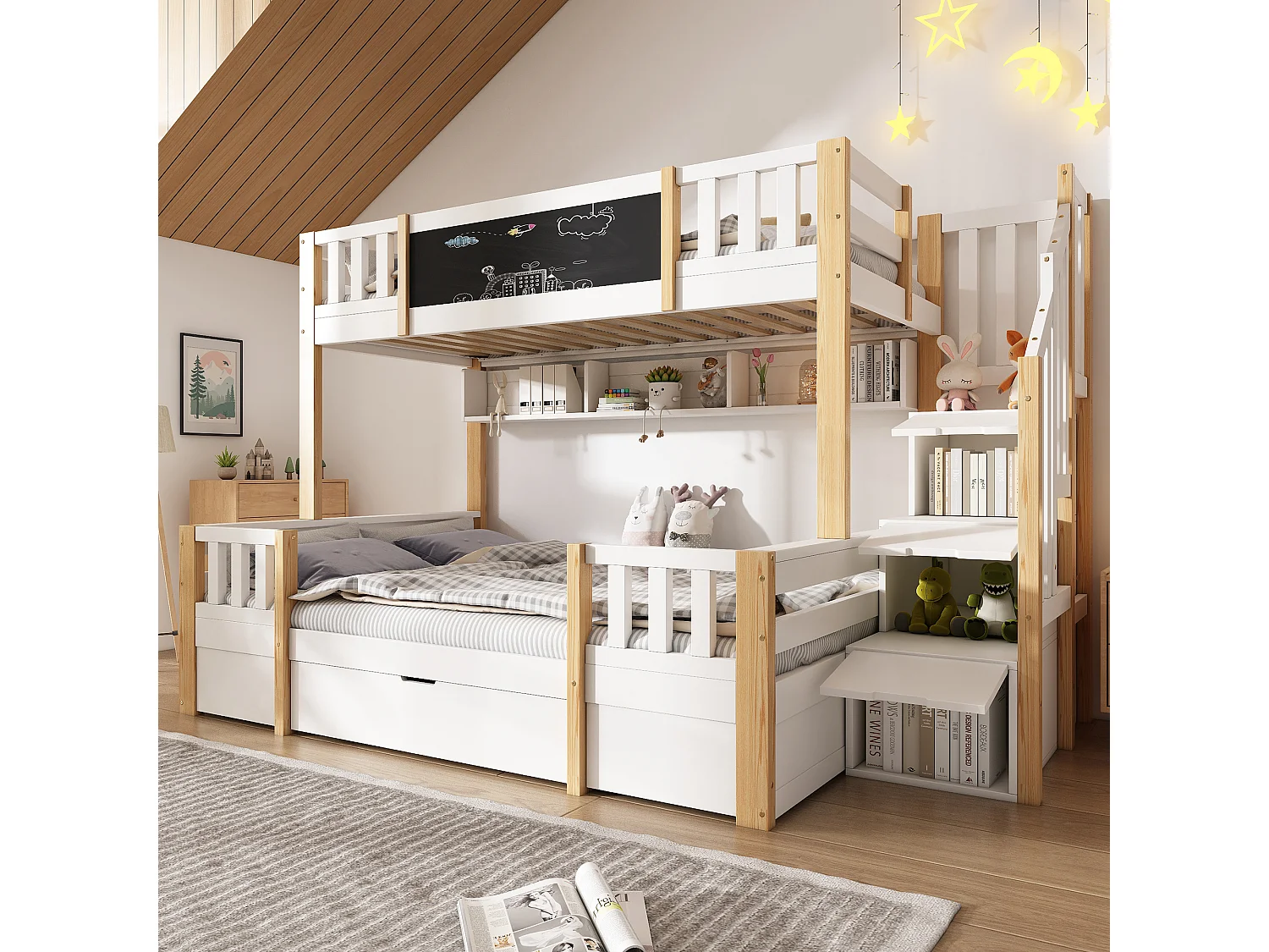 Kinderstapelbed - 90 x 200 cm + 140 x 200 cm - met opbergladder + 2 lades + schilderij - hout + metaal - wit + naturel