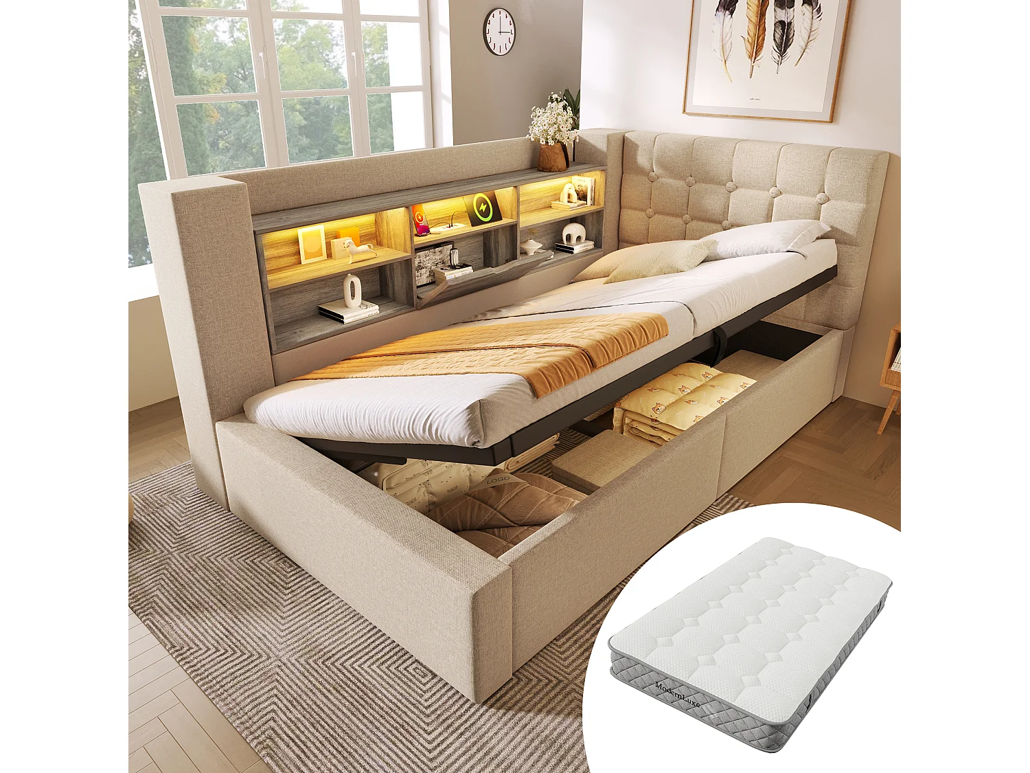 Divano letto imbottito - 90 x 200 cm - con LED + contenitore idraulico + testiera a L con contenitore - lino - beige (con materasso)
