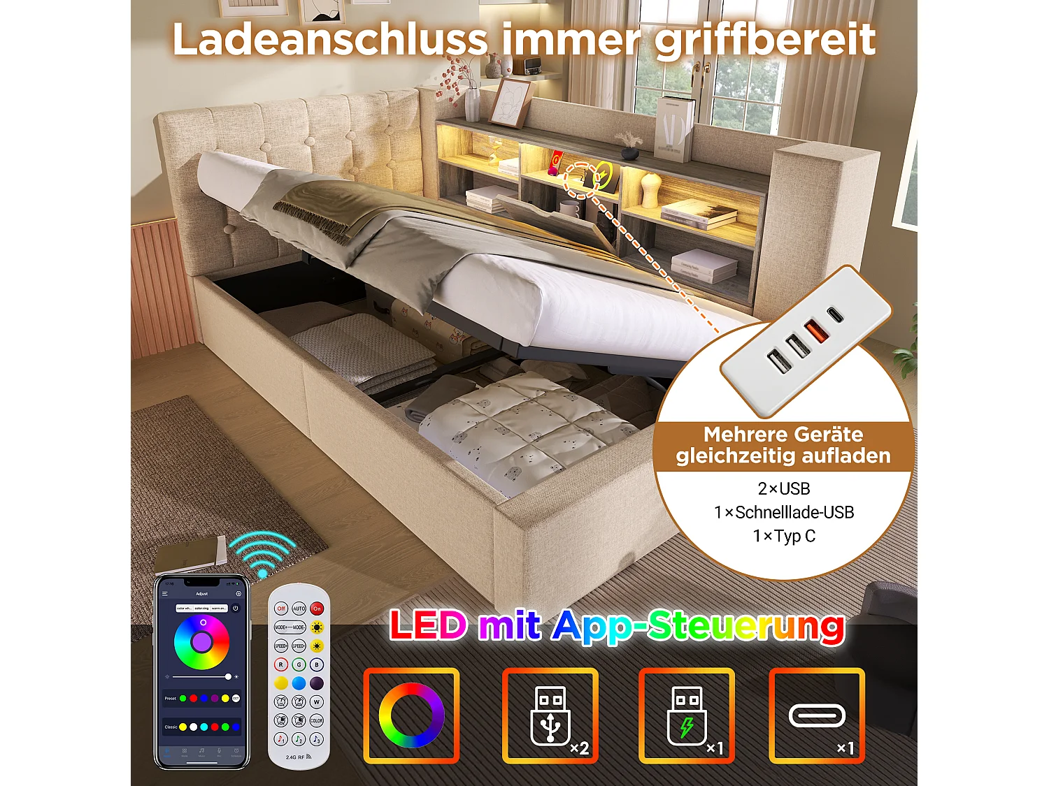 Divano letto imbottito - 90 x 200 cm - con LED + contenitore idraulico + testiera a L con contenitore - lino - beige (con materasso)