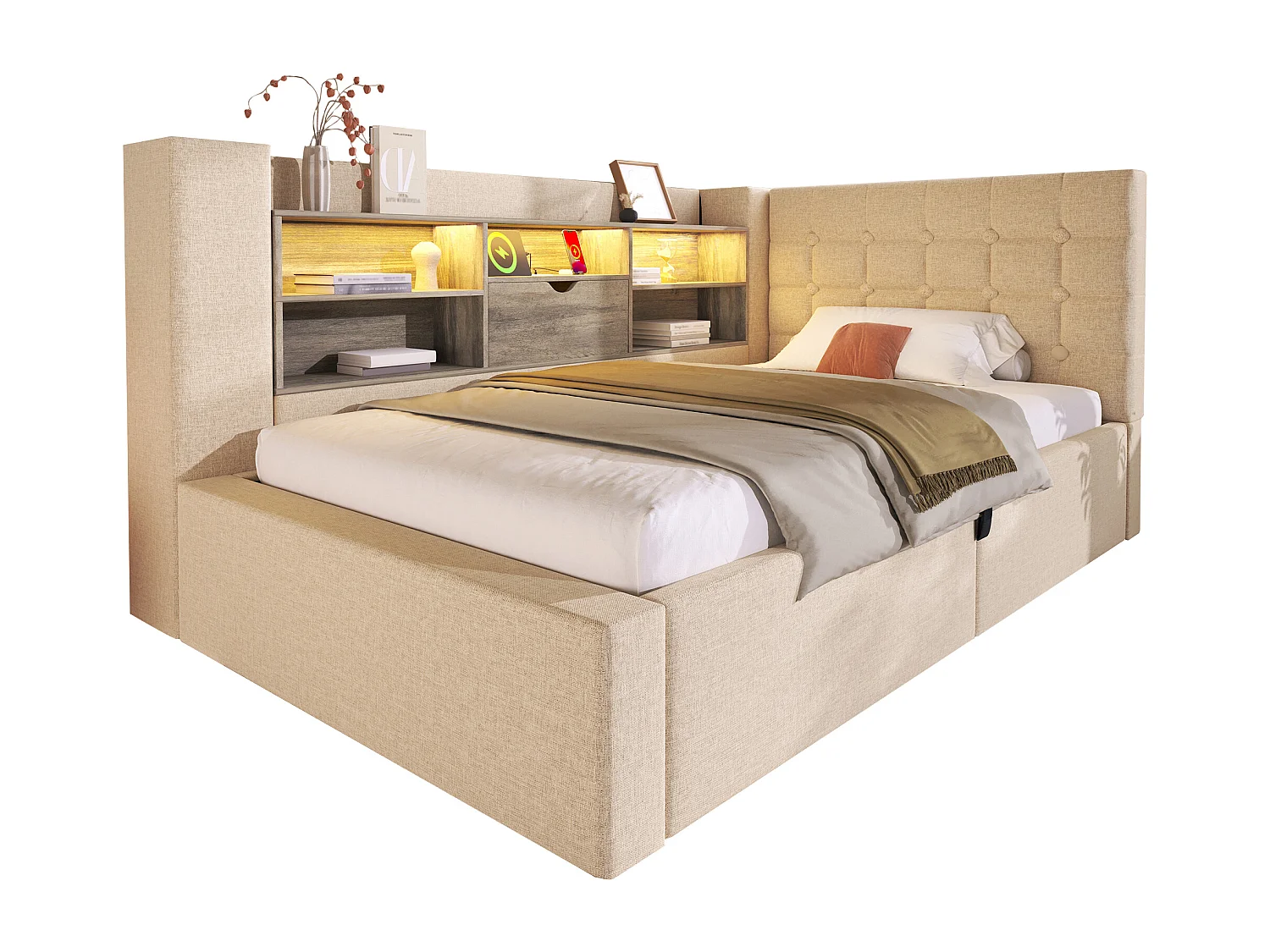 Divano letto imbottito - 90 x 200 cm - con LED + contenitore idraulico + testiera a L con contenitore - lino - beige (con materasso)