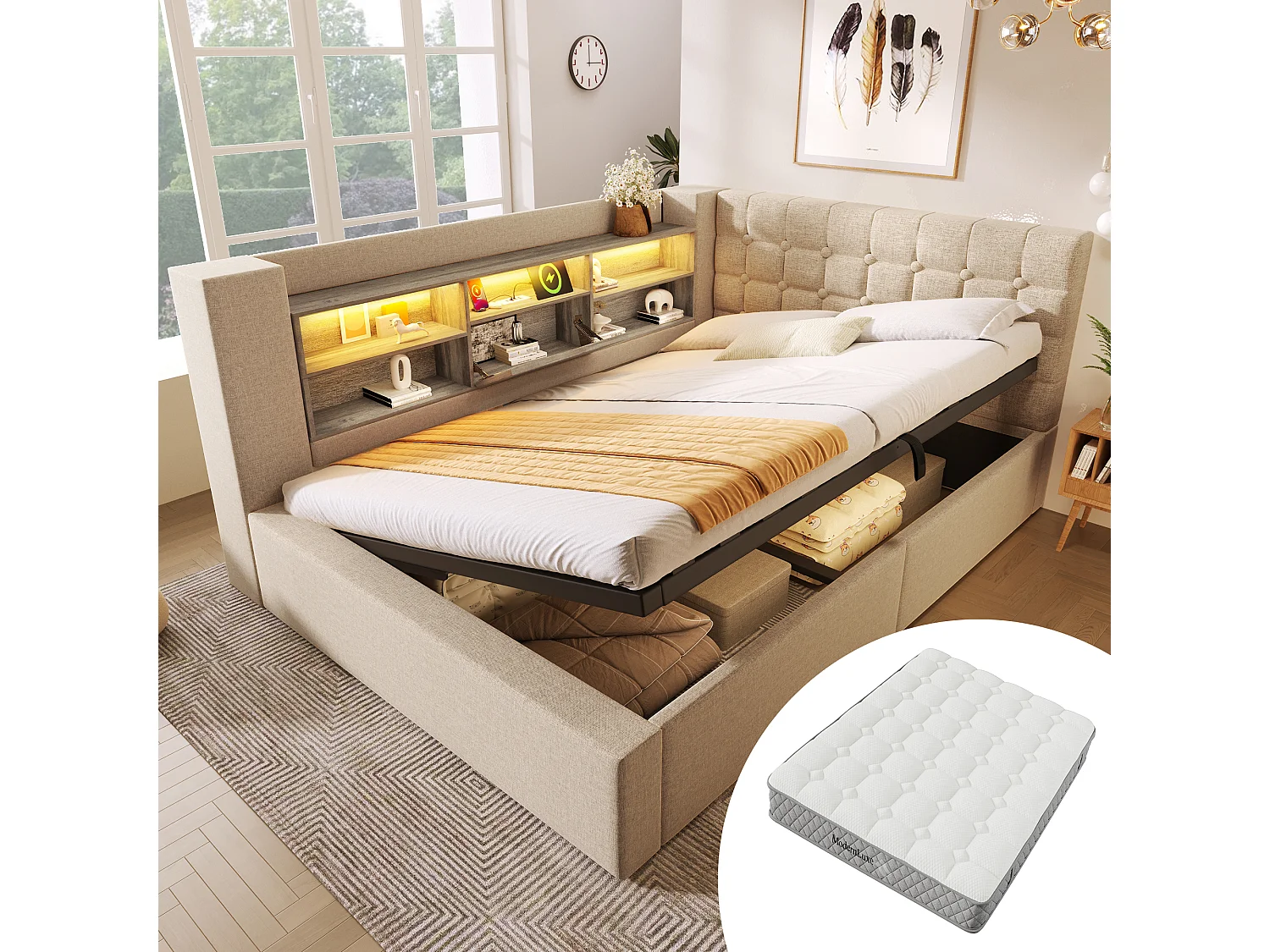 Gepolstertes Schlafsofa - 140 x 200 cm - mit LEDs + hydraulischem Stauraum + L-förmigem Kopfteil mit Stauraum - Leinen - beige (mit Matratze)