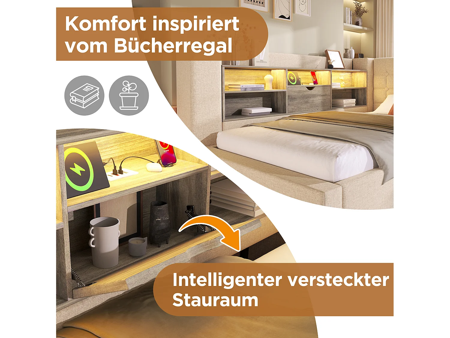 Gepolstertes Schlafsofa - 140 x 200 cm - mit LEDs + hydraulischem Stauraum + L-förmigem Kopfteil mit Stauraum - Leinen - beige (mit Matratze)