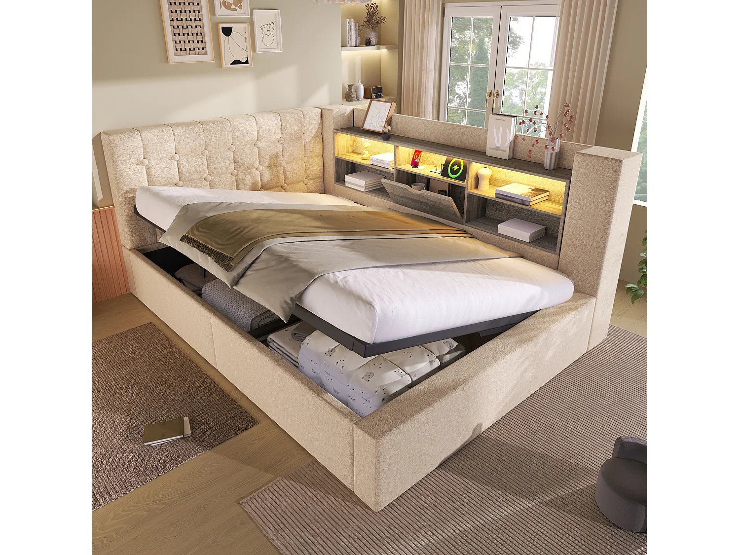 Gepolstertes Schlafsofa - 140 x 200 cm - mit LEDs + hydraulischem Stauraum + L-förmigem Kopfteil mit Stauraum - Leinen - beige (mit Matratze)