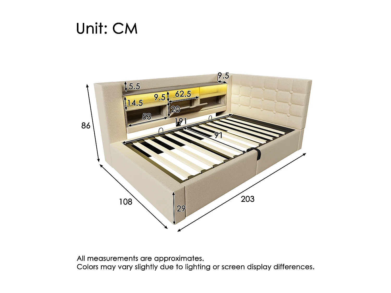 Lit coffre rembourré - 90 x 190 cm - avec Leds + rangement hydraulique + tête de lit L avec rangement - lin - beige