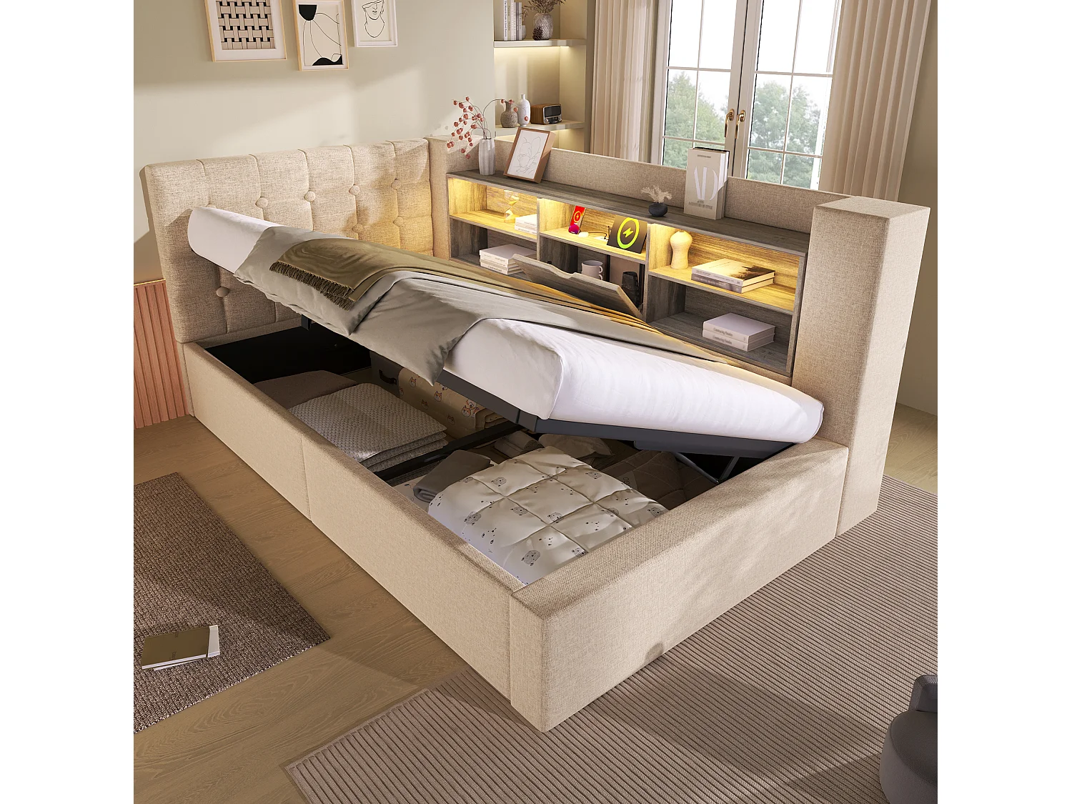 Lit coffre rembourré - 90 x 190 cm - avec Leds + rangement hydraulique + tête de lit L avec rangement - lin - beige