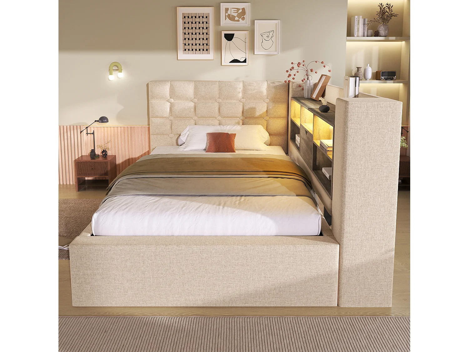 Lit coffre rembourré - 90 x 190 cm - avec Leds + rangement hydraulique + tête de lit L avec rangement - lin - beige