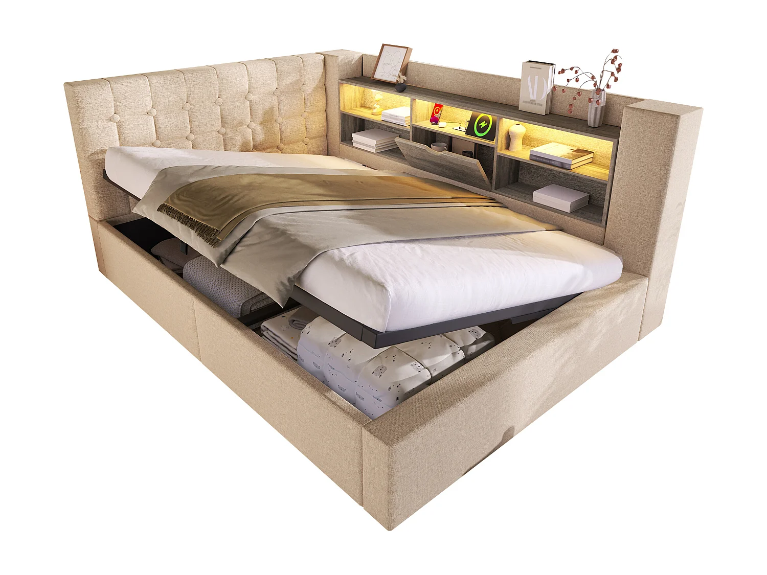 Lit coffre rembourré - 140 x 200 cm - avec Leds + rangement hydraulique + tête de lit L avec rangement - lin - beige