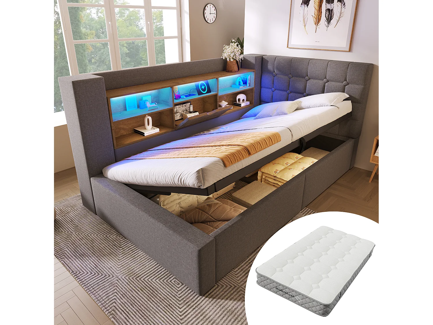 Lit coffre rembourré - 90 x 200 cm - avec Leds + rangement hydraulique + tête de lit L avec rangement - lin - gris(avec matelas)