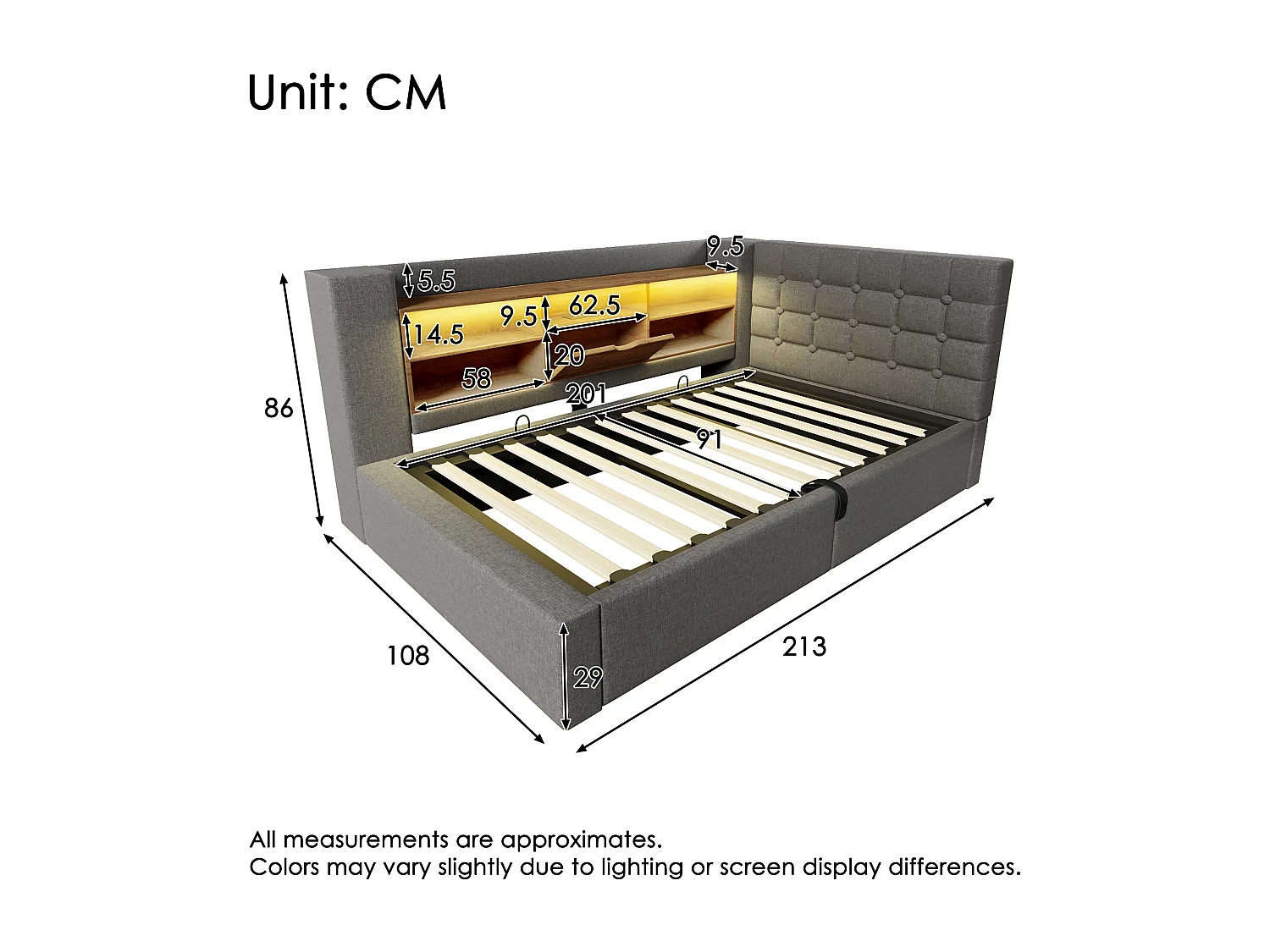 Lit coffre rembourré - 90 x 200 cm - avec Leds + rangement hydraulique + tête de lit L avec rangement - lin - gris(avec matelas)